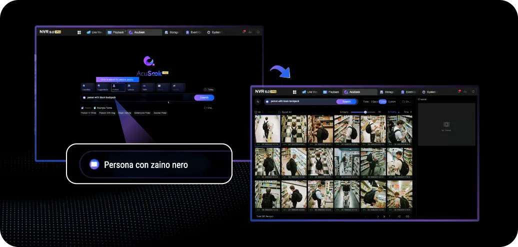 Esempio di utilizzo di AcuSeek - Persona con zaino nero in centro commerciale